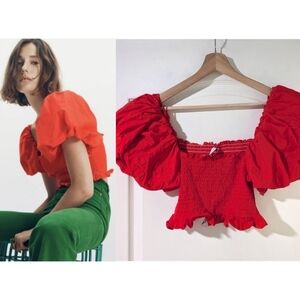 NEW! Zara | Puff Sleeve Crop Top in Orange/Red